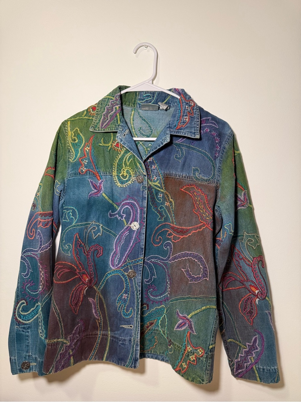 Multi-Color Embroidered Patchwork Jean Jacket - Green & Blue